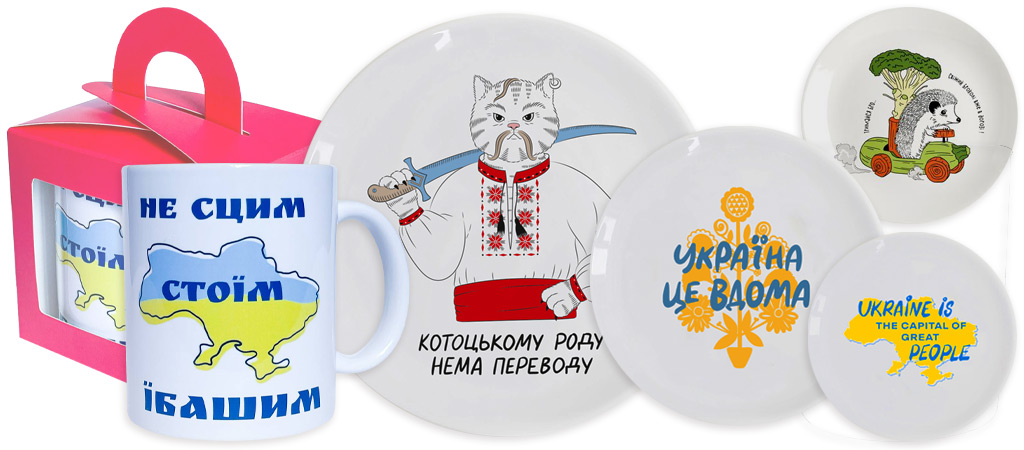 столовые тарелки и керамические чашки