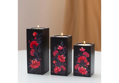 фото 2 - Подсвечники из натурального дерева, набор 3 шт. "Квіти" (чорний колір) Wood Posters