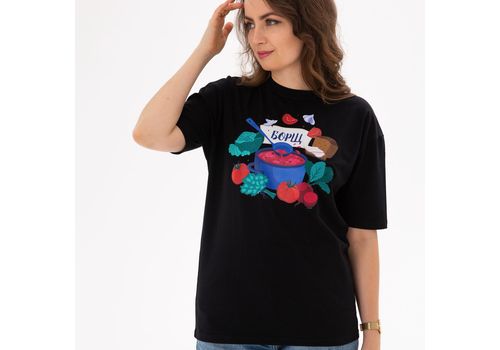 фото 2 - Футболка с авторським принтом Борщ, унисекс, чорная, "Малюнки"