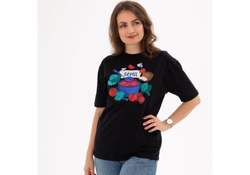 фото 4 - Футболка с авторським принтом Борщ, унисекс, чорная, "Малюнки"