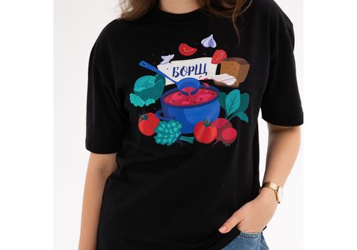 фото 1 - Футболка с  авторским принтом Борщ, унисекс, чорная, р. 2XL, "Малюнки"