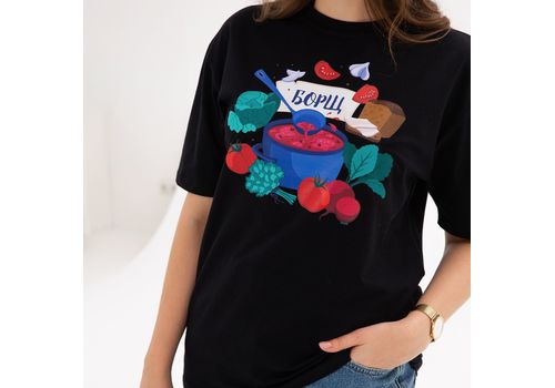 фото 5 - Футболка с  авторским принтом Борщ, унисекс, чорная, р. 2XL, "Малюнки"
