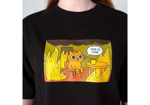 зображення 2 - Футболка оверсайз з принтом кота This is Fine (чорна) Kitek Wear