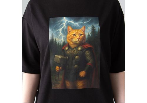 фото 2 - Футболка оверсайз с принтом кота TOR (чорна) Kitek Wear