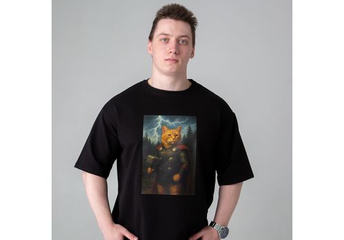 фото 1 - Футболка оверсайз с принтом кота TOR (чорна) Kitek Wear