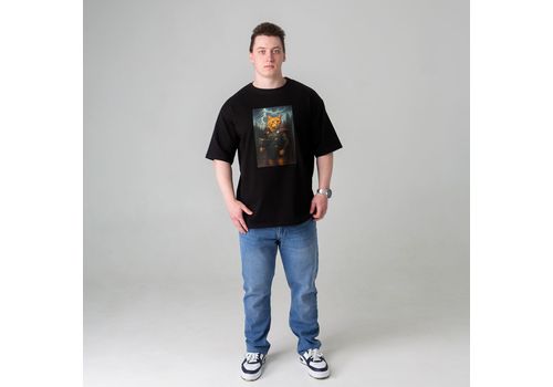 фото 3 - Футболка оверсайз с принтом кота TOR (чорна) Kitek Wear