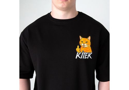 фото 1 - Футболка оверсайз с принтом кота Doberman (чорна) Kitek Wear