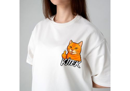 зображення 1 - Футболка оверсайз з принтом кота Doberman (молочна) Kitek Wear