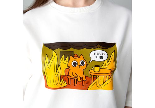 фото 2 - Футболка оверсайз с принтом кота This is Fine (молочная) Kitek Wear